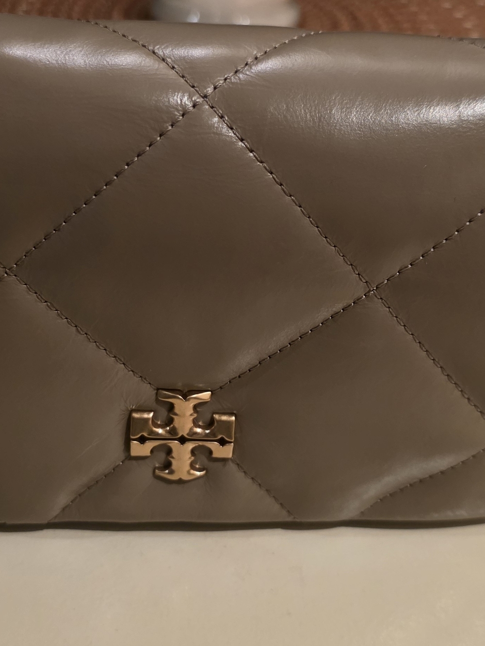 Tory Burch Quilted Crossbody Bag in Taupe Brown with Gold Logo